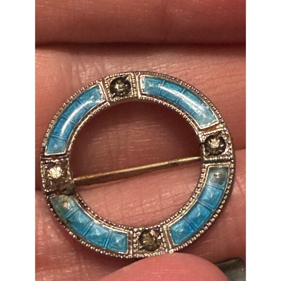 Vintage Sterling Blue Guilloche Round Pin - Picture 9 of 11